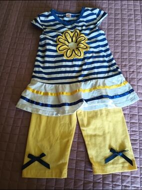 Girls Blue & Yellow Striped Flower Top and Yellow Leggings Matching Set